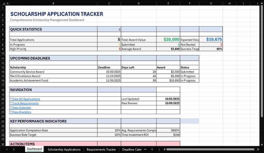 Scholarship Application Tracker - Excel AI Student Finance Template Preview